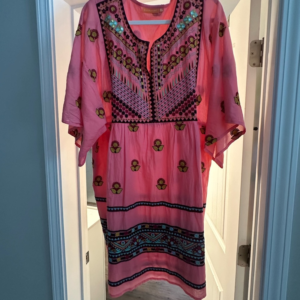 Oliphant Hot Pink Embroidered Mini Dress with Multicolor Trim